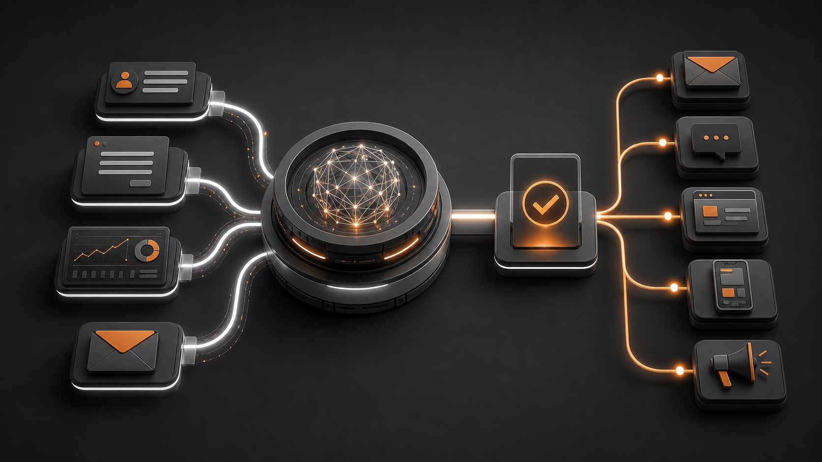 Flujo de automatización de marketing con IA, control humano y canales coordinados