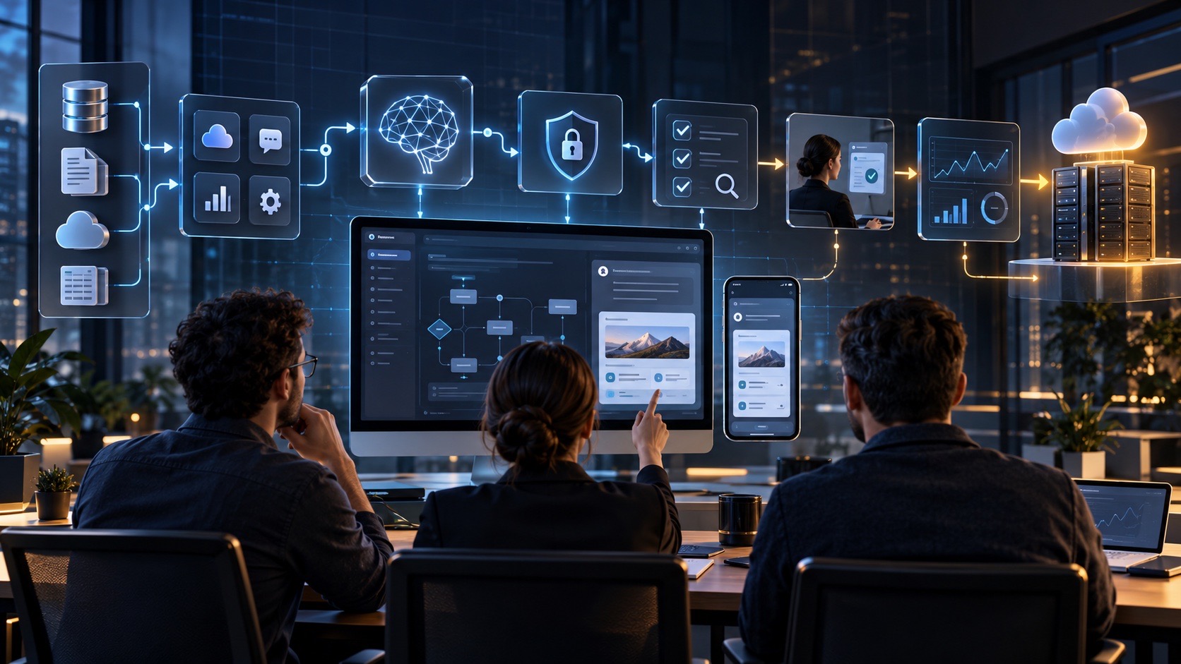 Arquitectura de una aplicación empresarial con datos, inteligencia artificial, seguridad, evaluaciones y supervisión humana