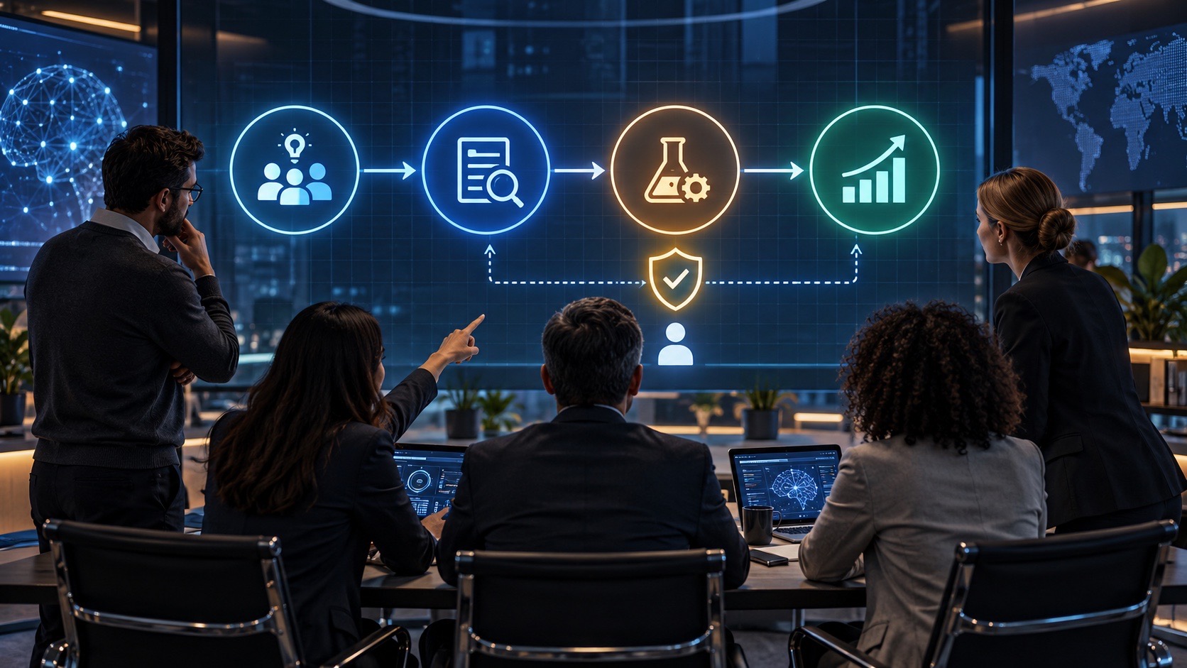 Equipo empresarial revisando un plan de adopción de IA desde capacidades y pilotos hasta gobierno y escala