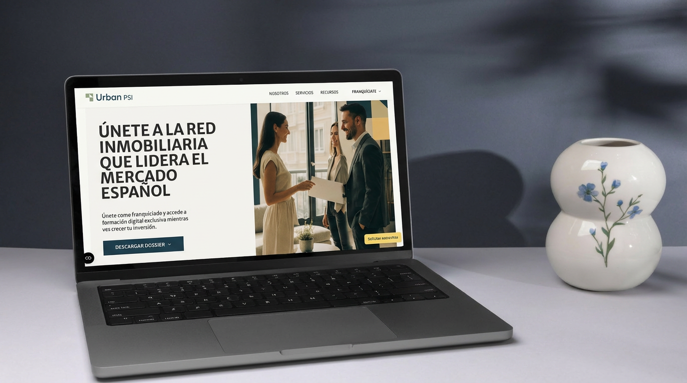 Laptop displaying Urban PSI real estate website with Spanish text, beside white ceramic vase with blue flowers on desk.