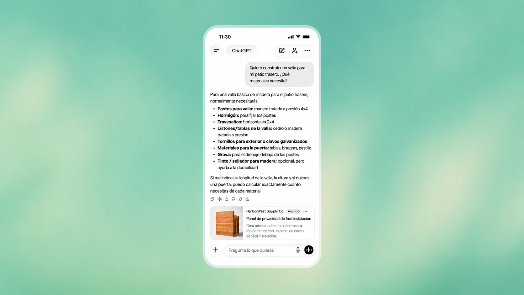 Ejemplo ilustrativo de un anuncio en ChatGPT, no una campaña ni un resultado de cliente